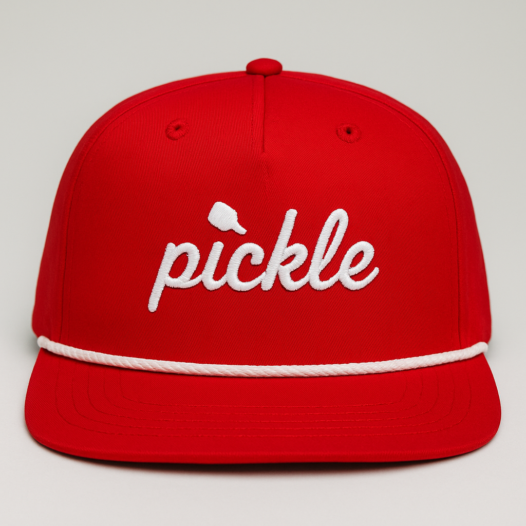 Red Pickleball Rope Hat with white “pickle” embroidery
